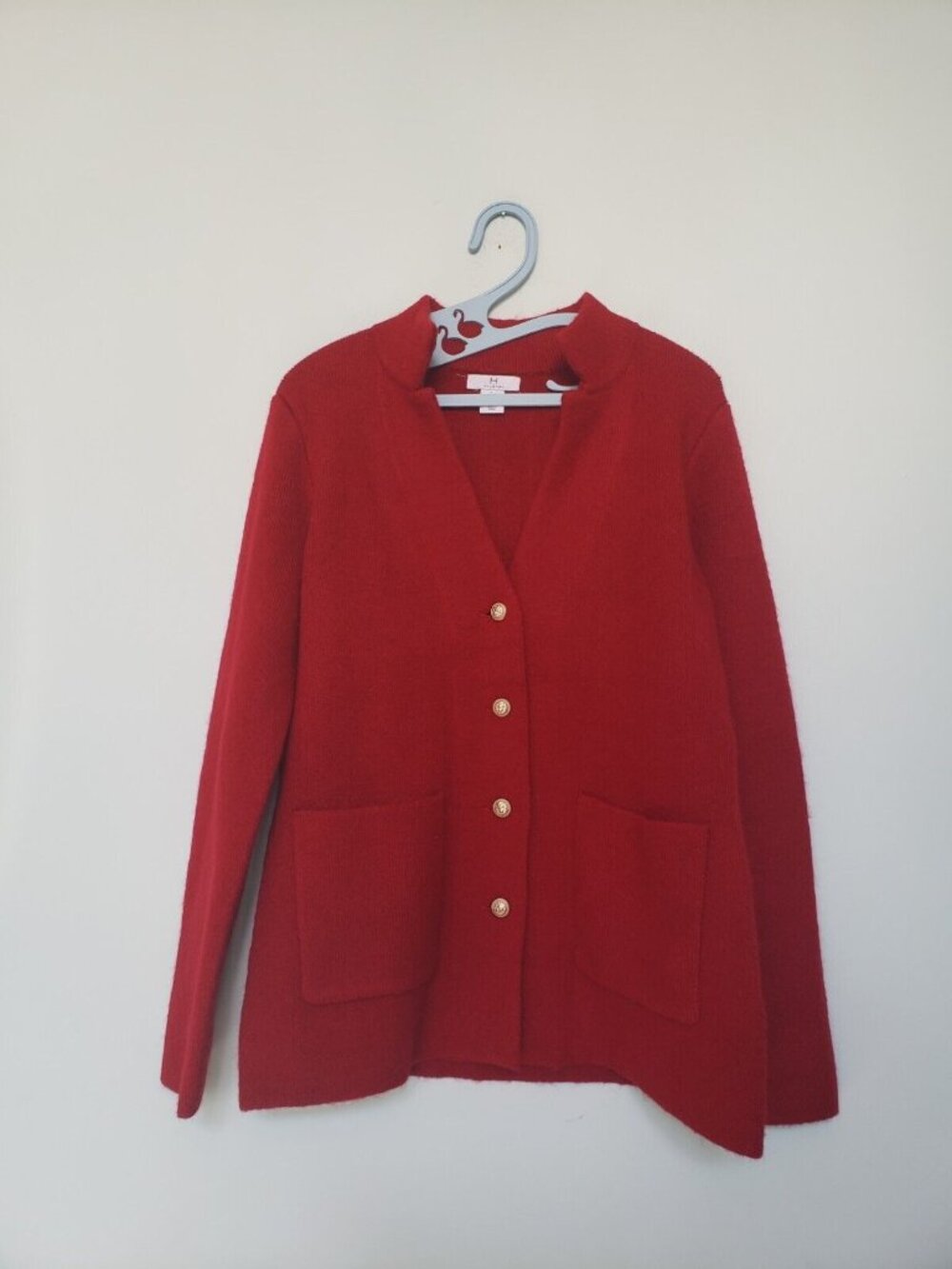 Halston Women's L Cardigan Wool Blend Red Button Front Long Sleeve Pockets